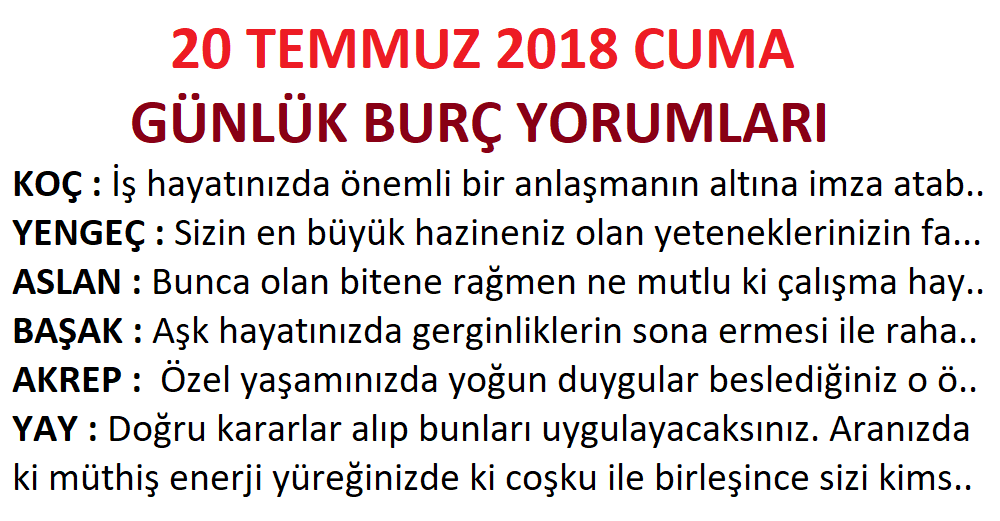 Günlük Burç Yorumları 20 Temmuz 2018 Cuma